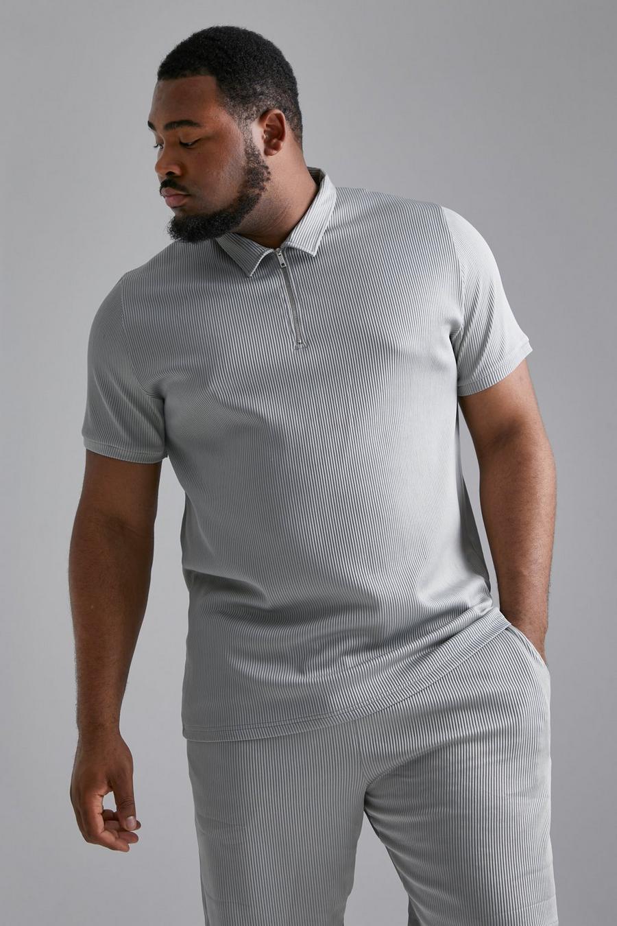 Sage green Plus Slim Fit Pleated Zip Polo