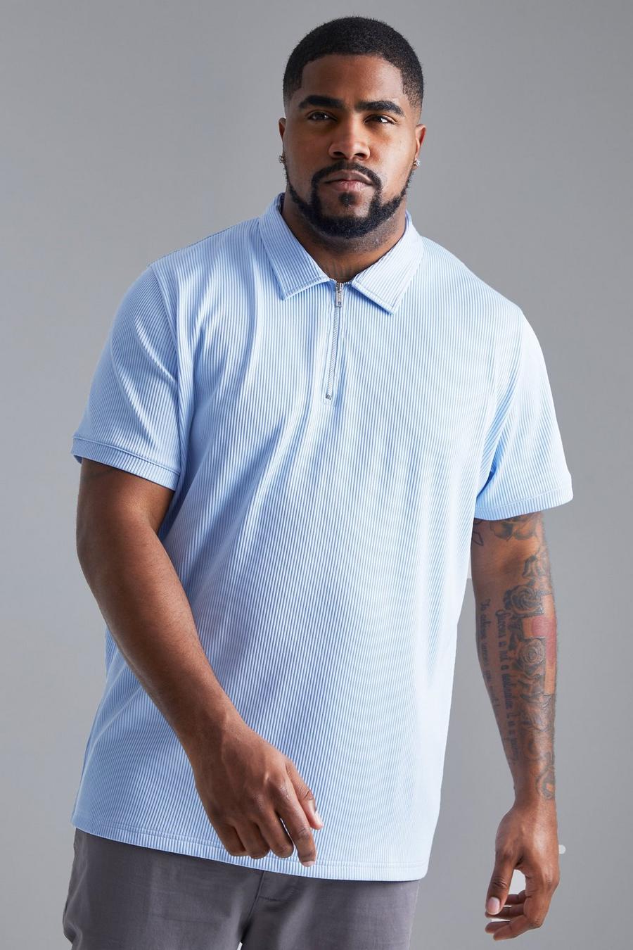 Pale blue Plus Slim Fit Pleated Zip Polo image number 1
