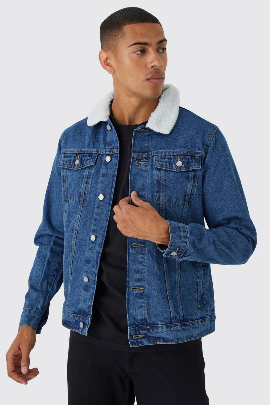 Veste en jean à col en faux mouton, Mid blue image number 1