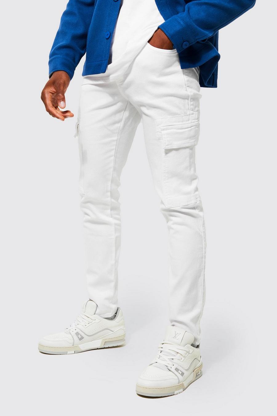 White Skinny Stretch Panelled Cargo Jeans image number 1