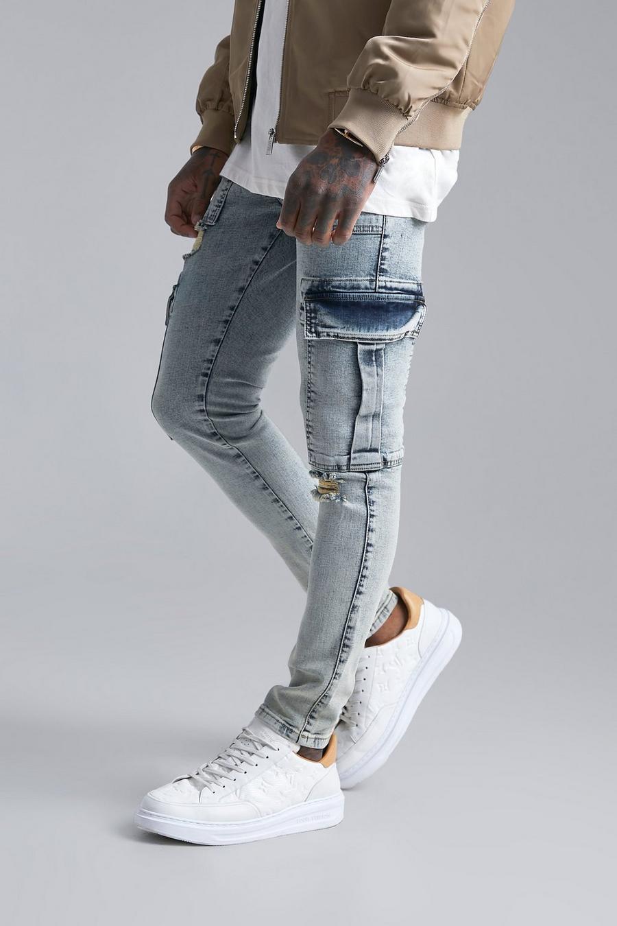 כחול עתיק ג'ינס סקיני דגמ"ח סטרץ' עם קרעים image number 1