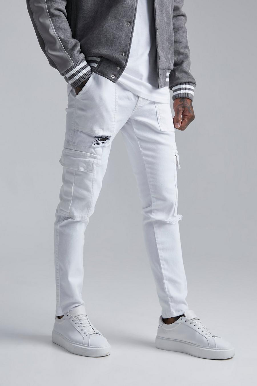 White Skinny Stretch Distressed Cargo Jeans image number 1