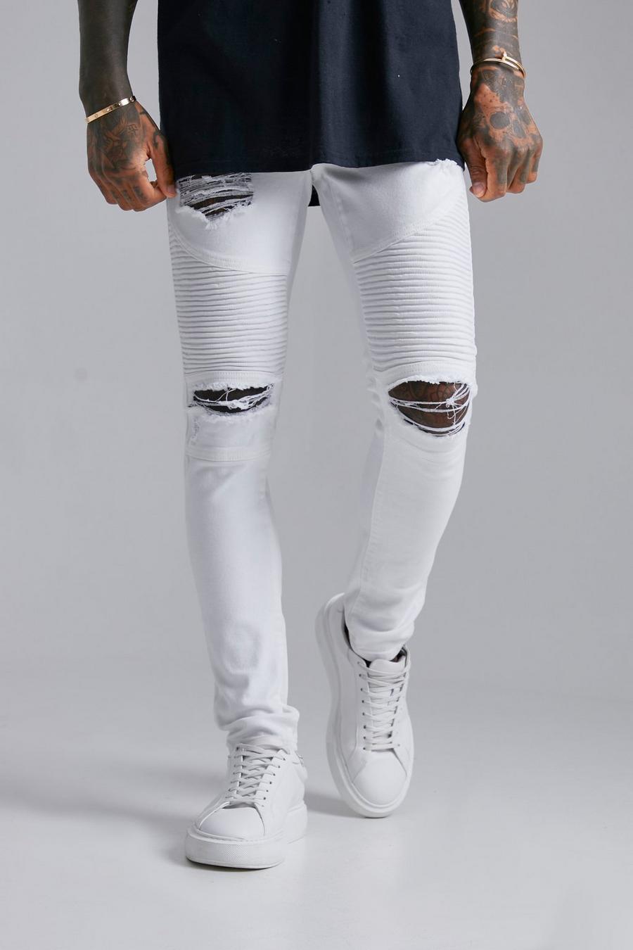 Jeans stile Biker Super Skinny Fit strappati, White blanco