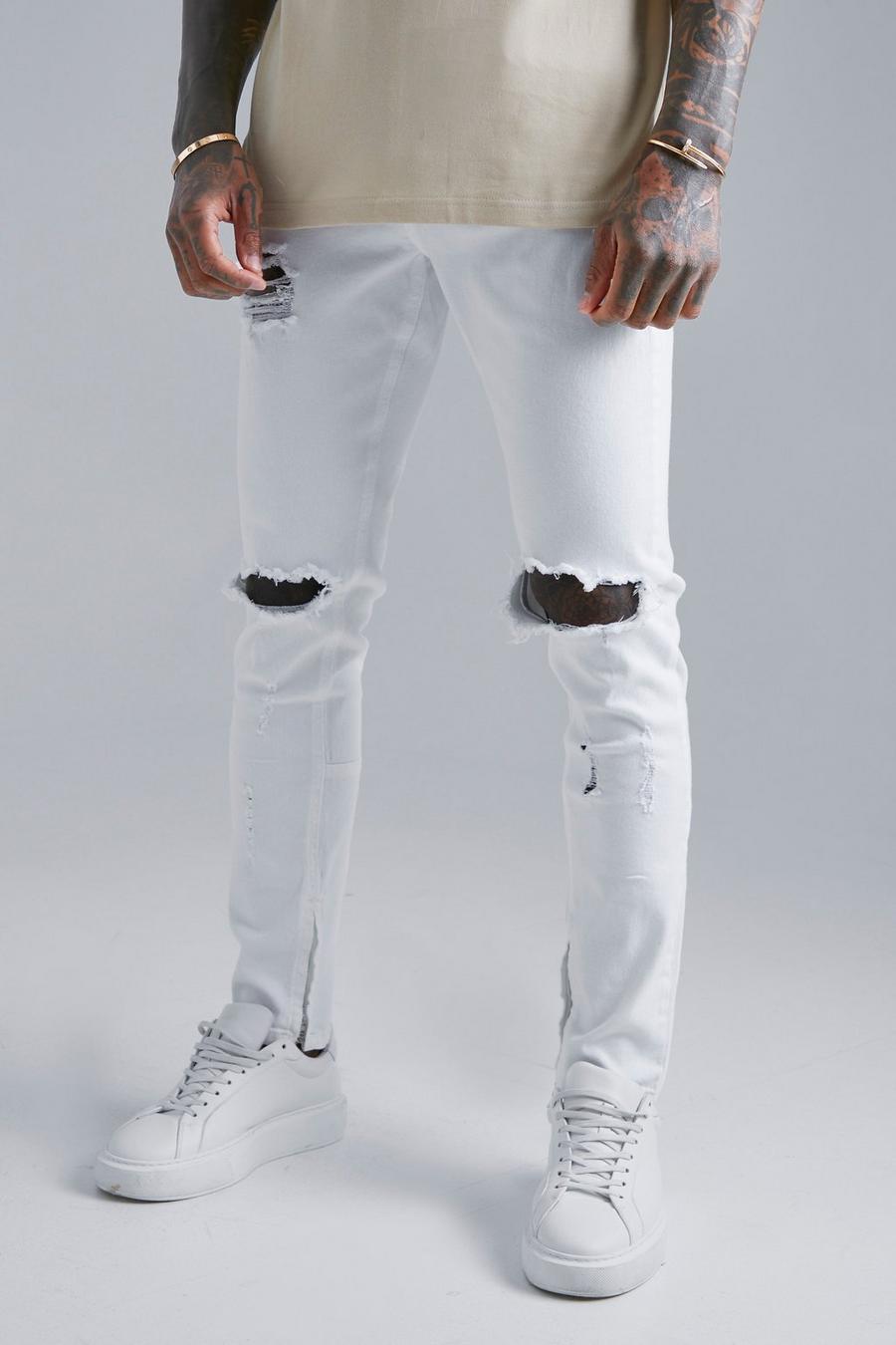 White Skinny Stretch Exploded Knee Multi Rip Jeans