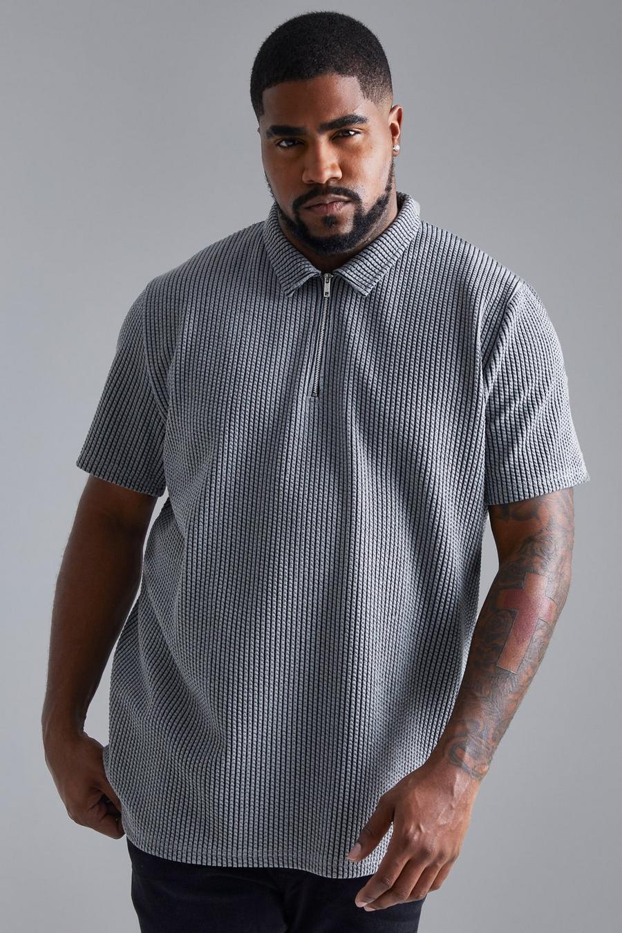 פחם gris חולצת פולו ג'קארד אלגנטית בשני צבעים עם רוכסן בצווארון, מידות גדולות