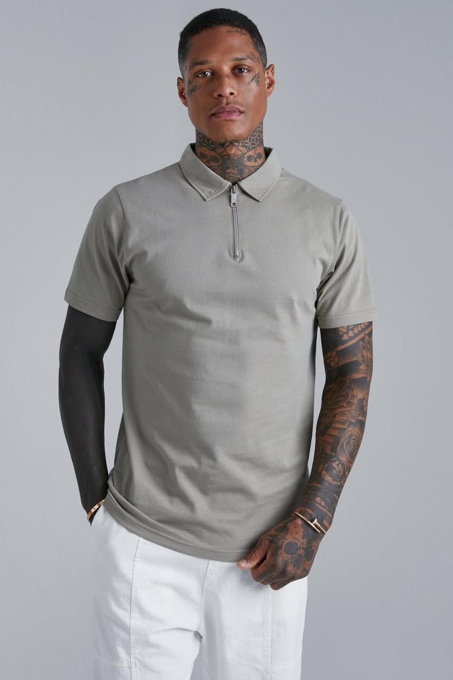 Taupe Slim Fit Zip Polo image number 1