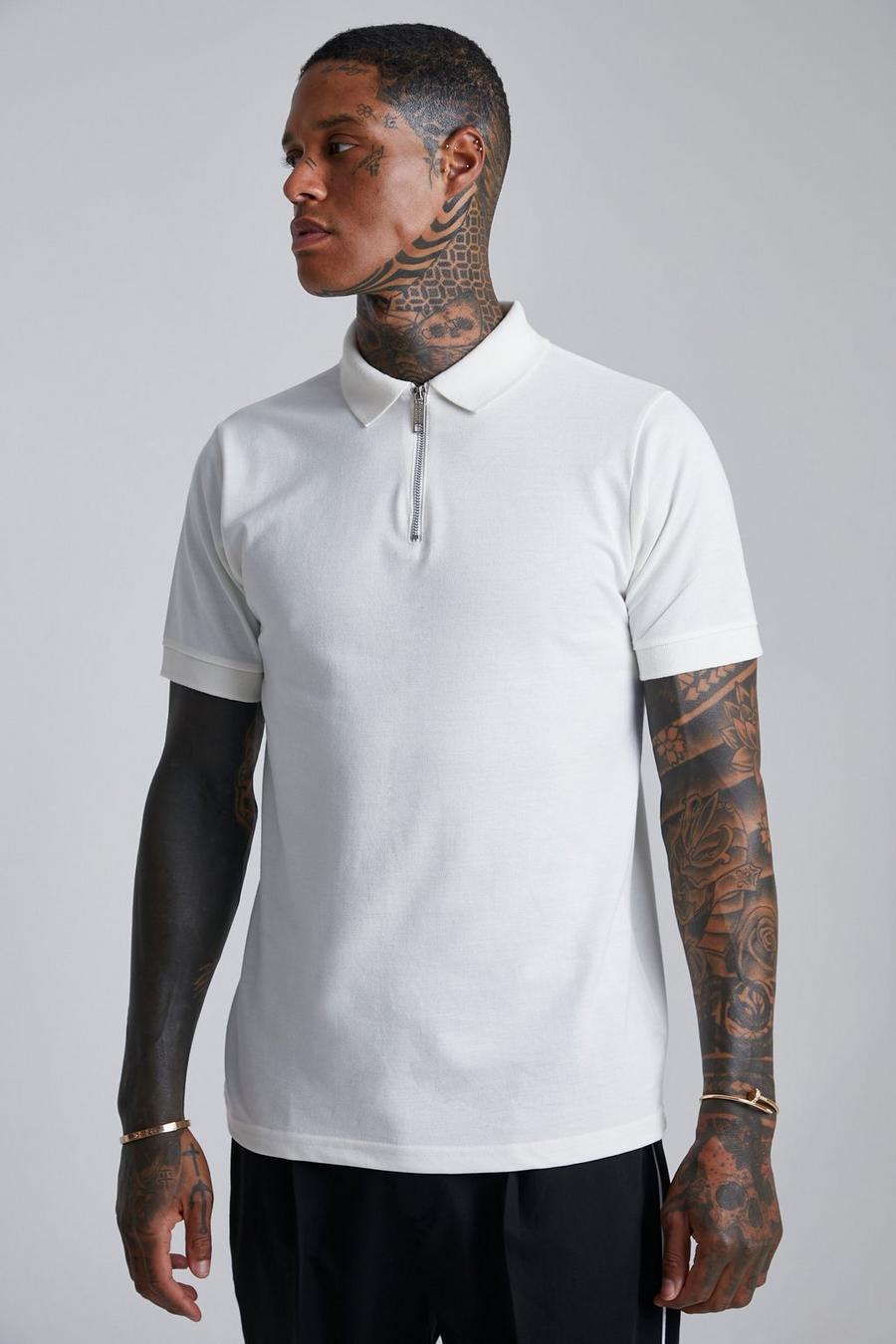 Slim-Fit Pique Poloshirt aus Reel Baumwolle mit Reißverschluss, Ecru weiß