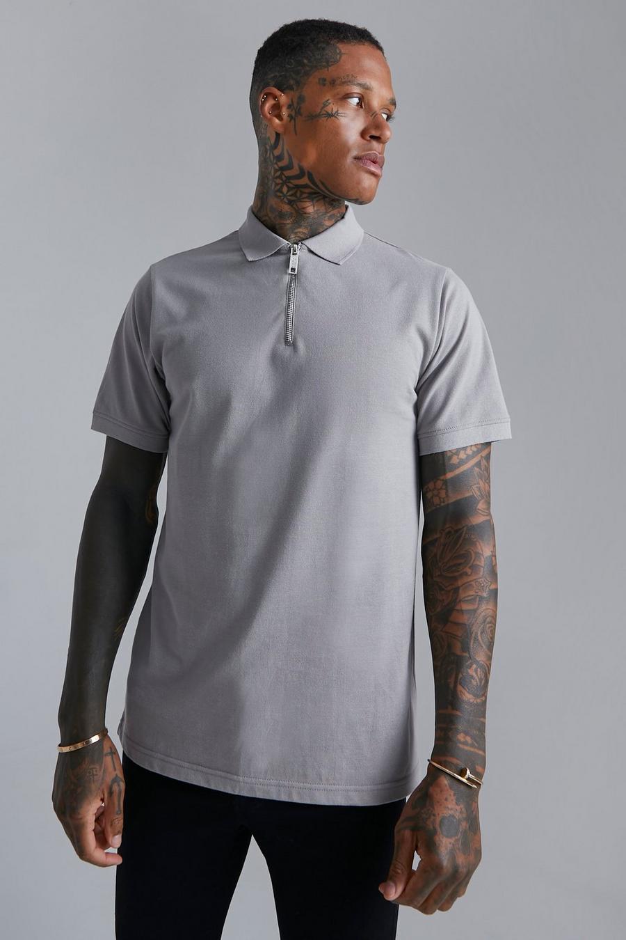Charcoal grå Slim Fit Pique Zip Polo With Cotton