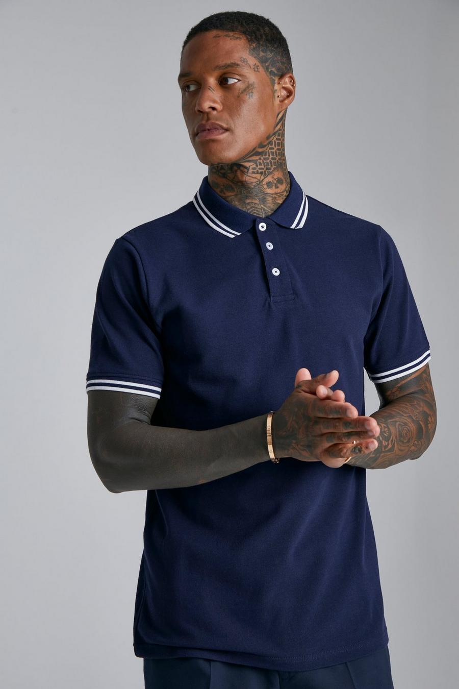 Navy Slim Fit Tipped Pique Polo image number 1