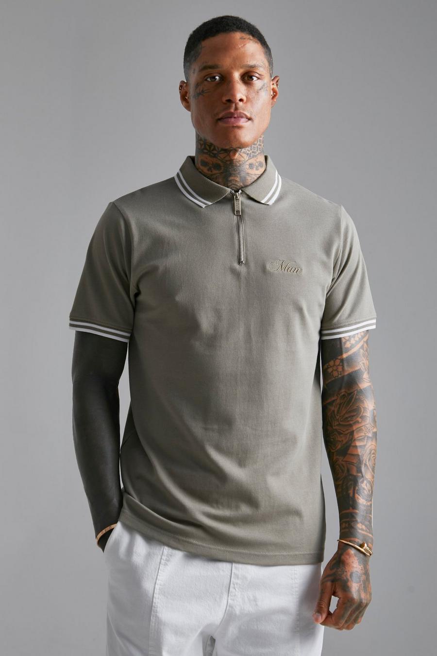 Taupe Slim Tipped Pique Zip Polo image number 1