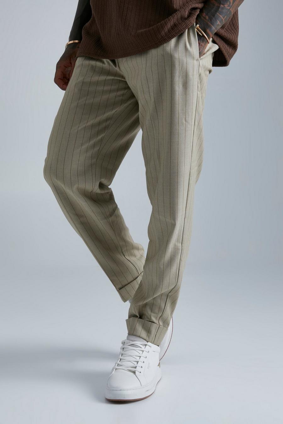 Beige Slim Elasticated Turn Up Hem Tailored Trouser