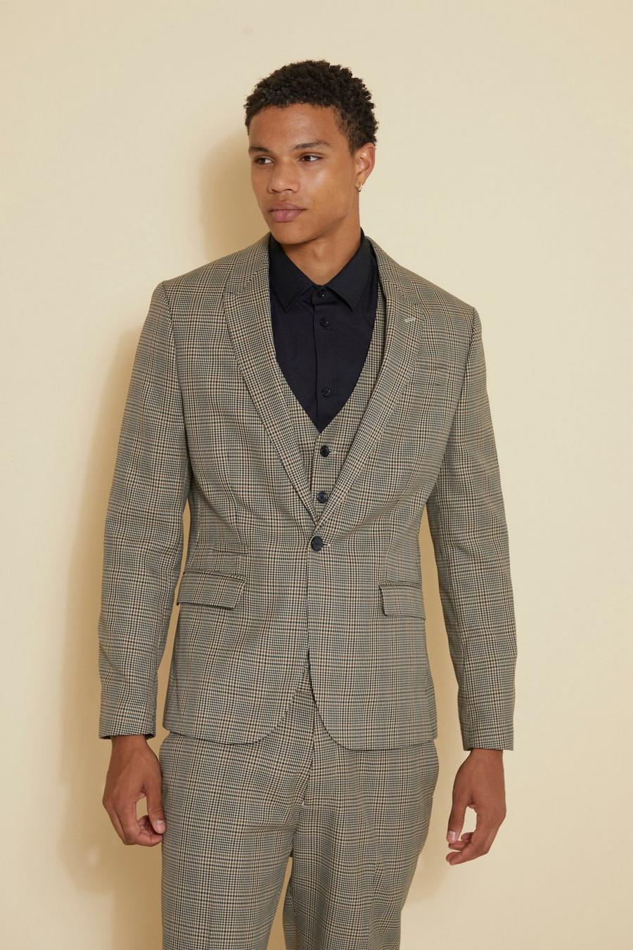 Brown marron Slim Single Breasted Check Suit Jacket