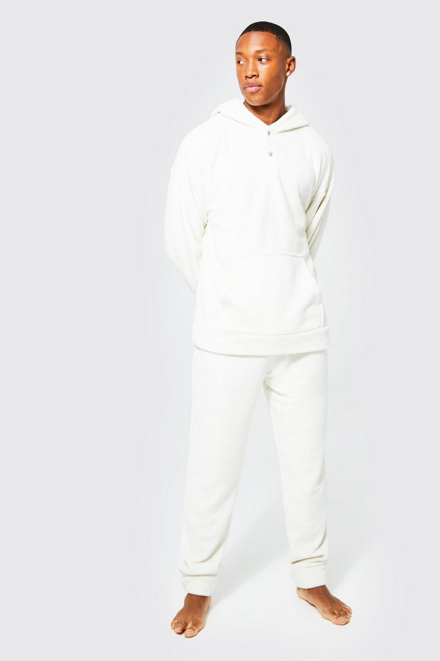 Conjunto de pantalón deportivo y sudadera de pelo sintético con capucha, Ecru blanco image number 1