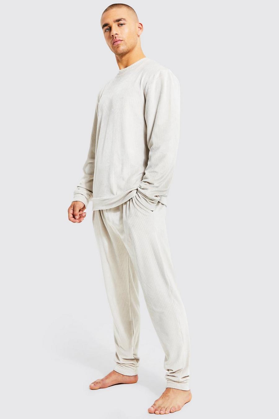 Stone Ribbed Velour Loungewear Crew And Jogger Set image number 1