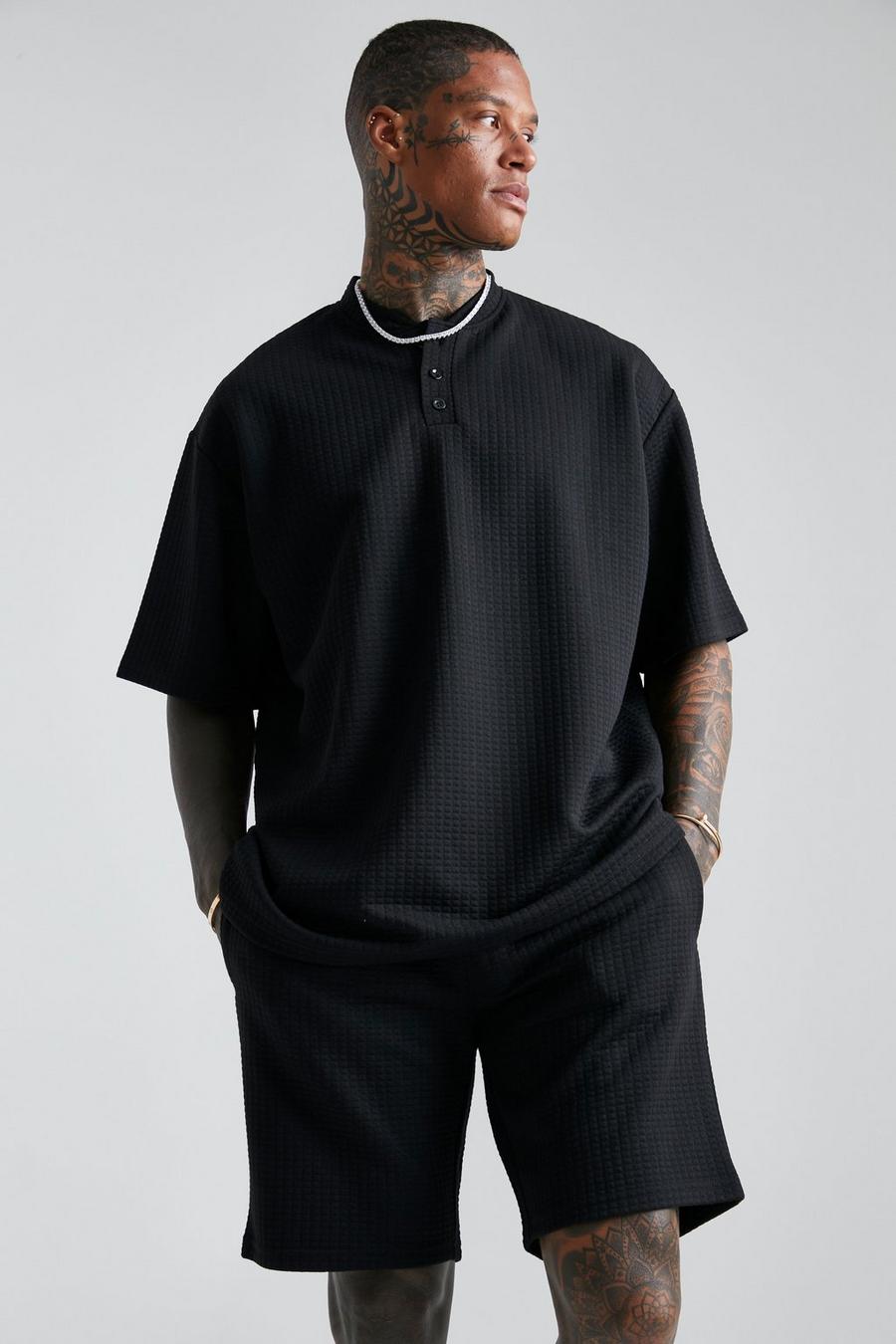 Lockeres Poloshirt und Shorts in Waffeloptik, Black noir image number 1