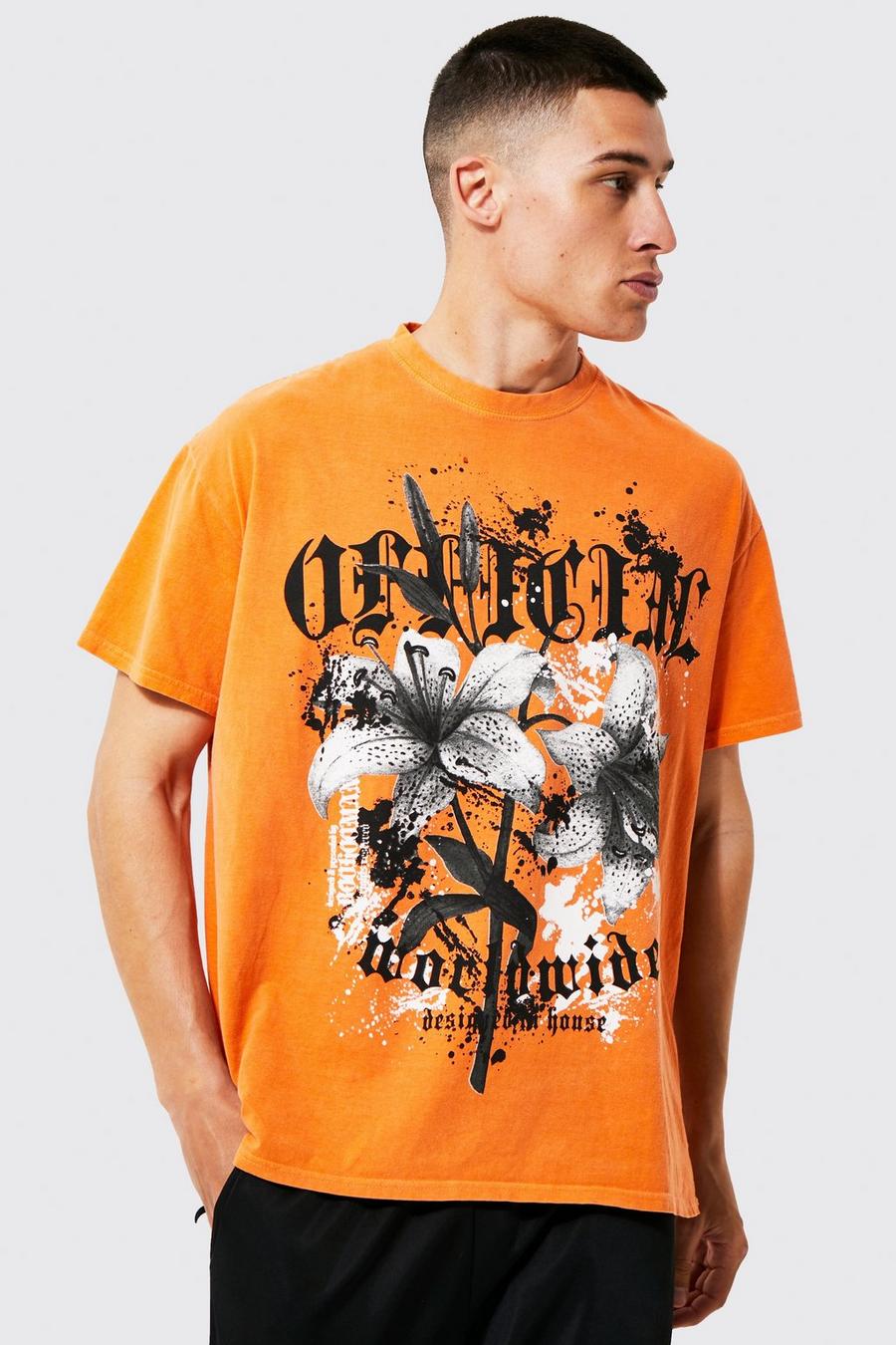 Orange Oversized Official Floral Overdye T-shirt image number 1