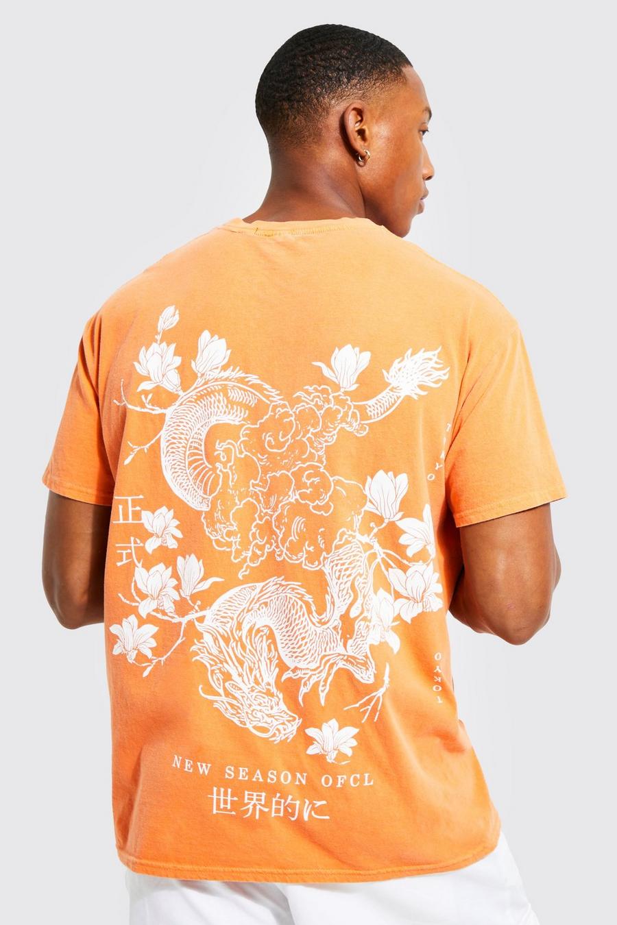Camiseta oversize sobreteñida con estampado gráfico de dragón en la espalda, Orange arancio image number 1