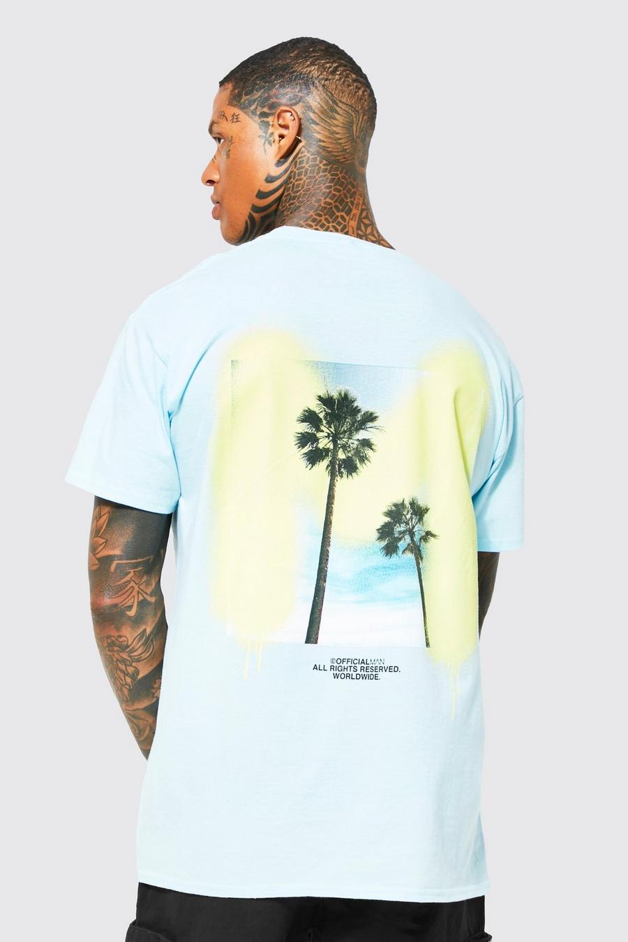 T-shirt oversize con grafica di palme e lettera M, Light blue image number 1