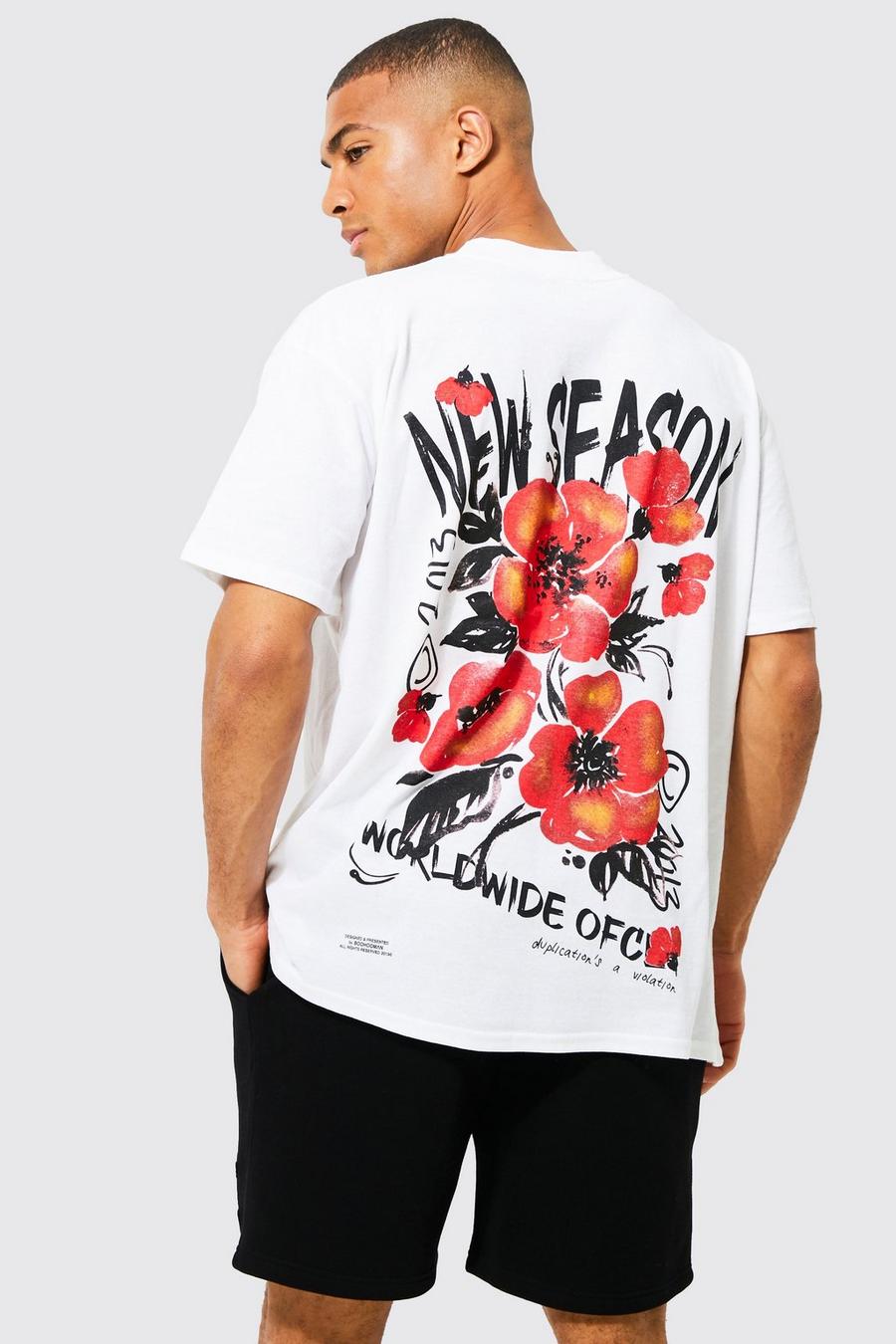 T-shirt oversize con fiori sul retro e girocollo esteso, White image number 1