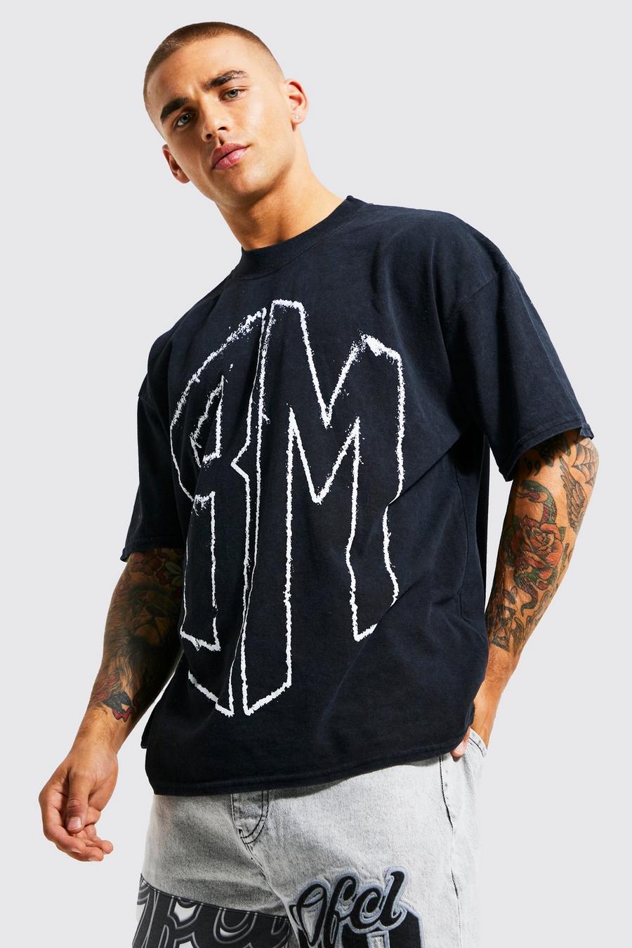 Charcoal gris Oversized Acid Wash Gebleekt BM T-Shirt Met Brede Nek