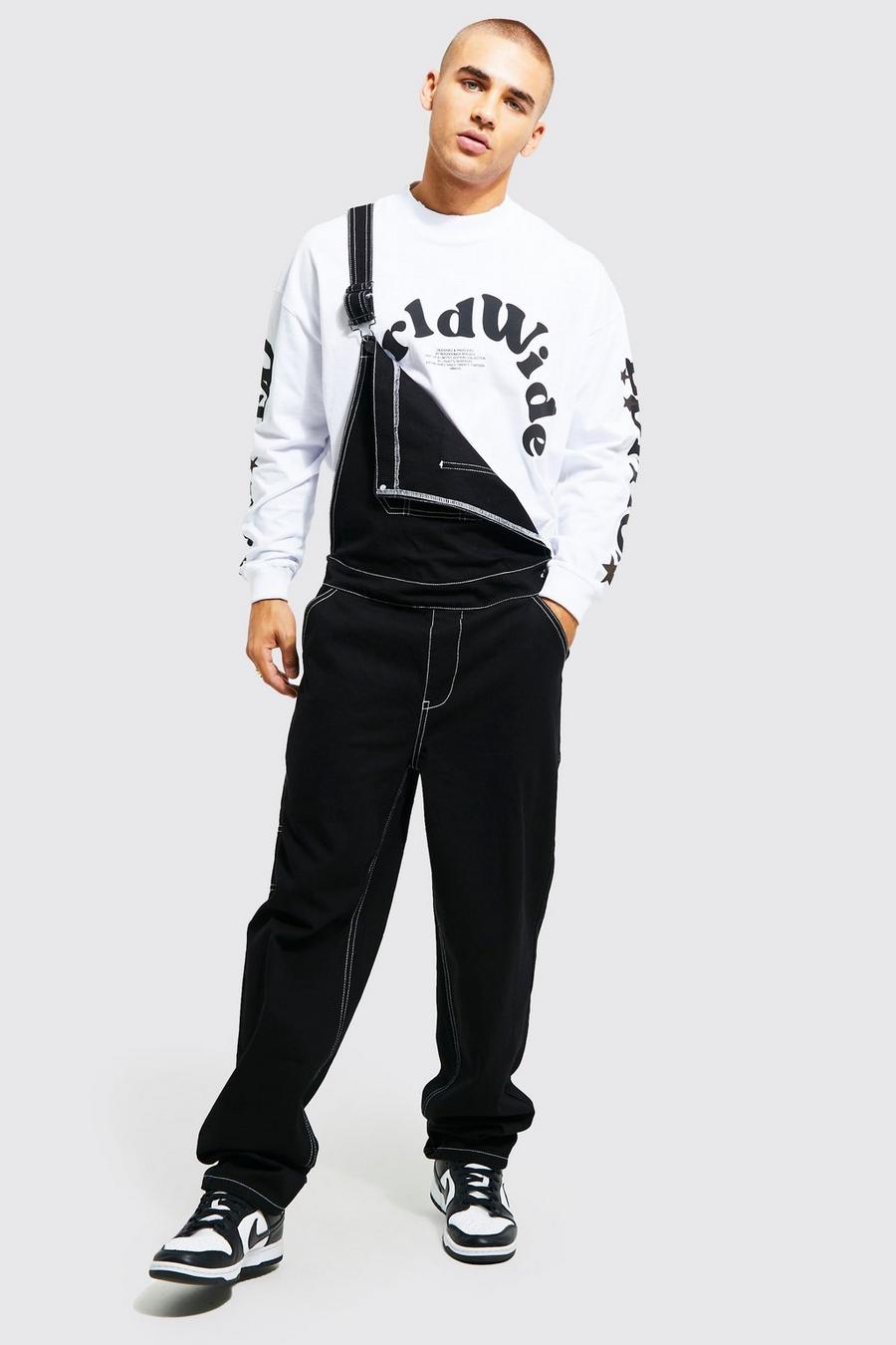 Black Relaxed Fit Contrast Stitch Long Dungaree image number 1