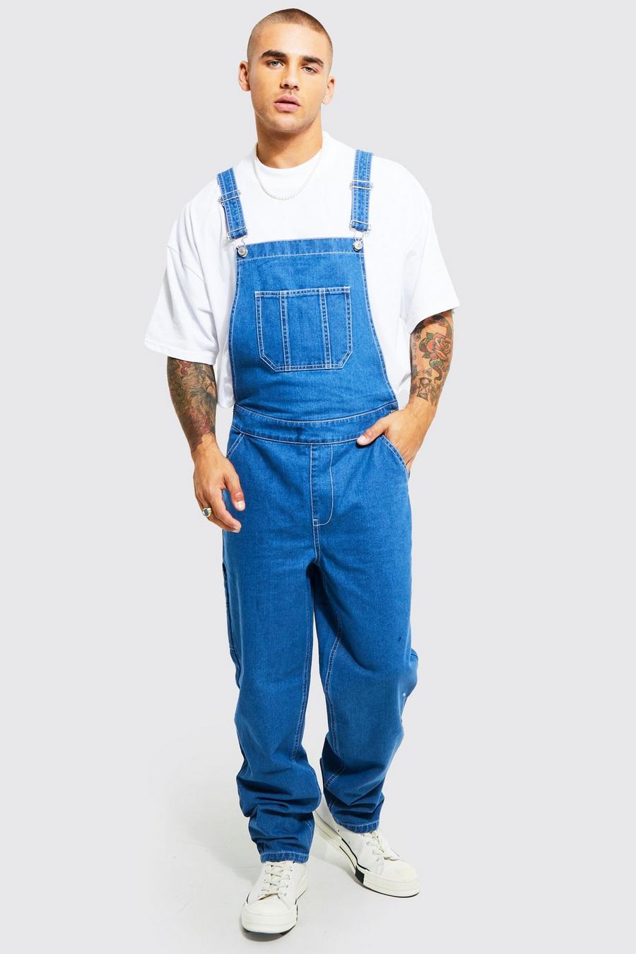 Mid blue Relaxed Fit Contrast Stitch Long Dungaree image number 1