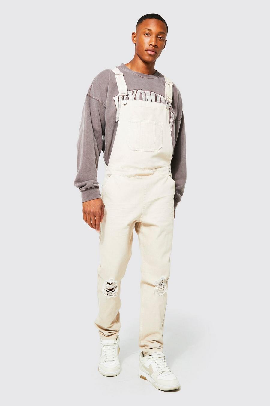 Stone Slim Fit Overdye Distressed Long Dungaree image number 1