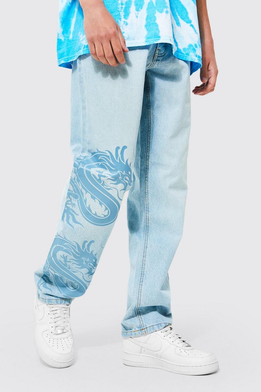 Ice blue Relaxed Fit Dragon Print Jeans image number 1