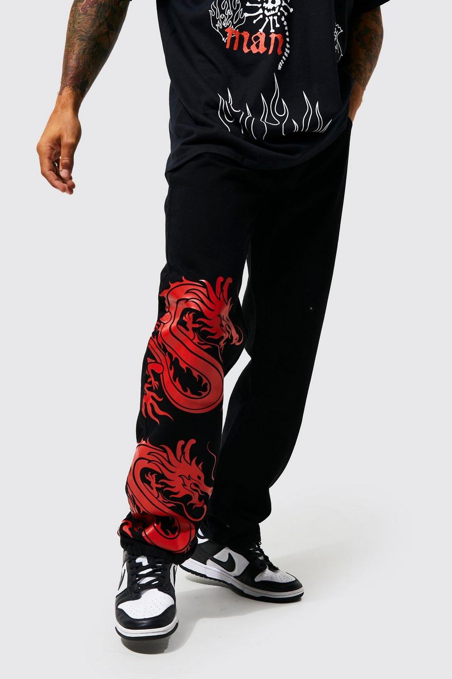Black Relaxed Fit Dragon Print Jeans image number 1
