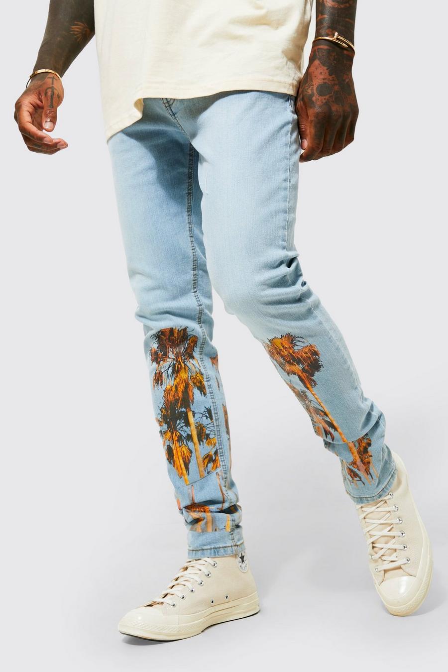 Ice blue Skinny Stretch Palm Printed Jeans image number 1