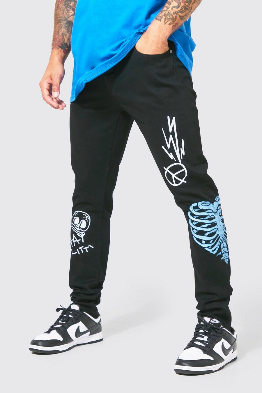 True black Skinny Stretch Multi Graffiti Print Jeans image number 1