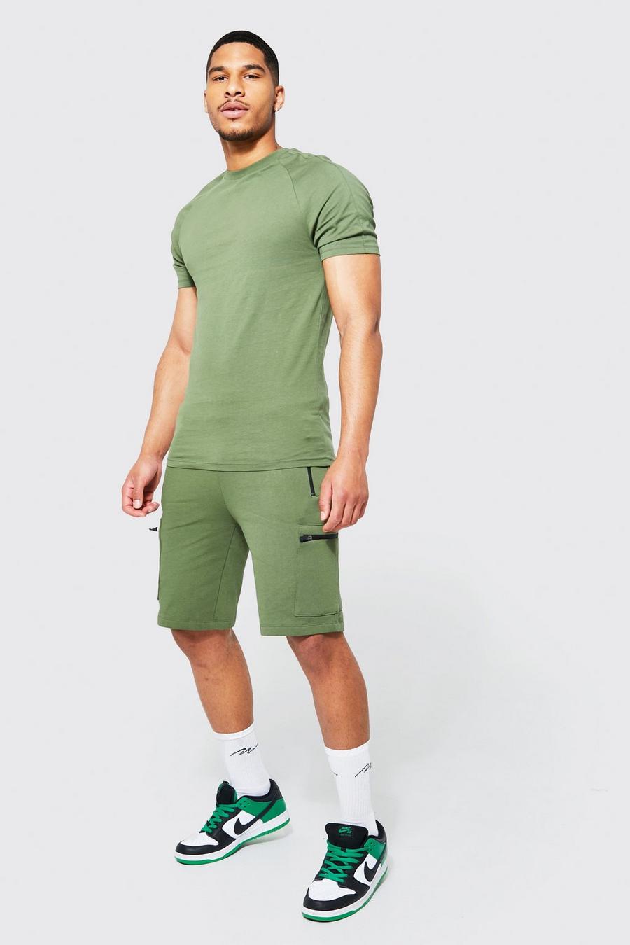 Khaki Tall Muscle Fit T-shirt & Zip Cargo Short Set