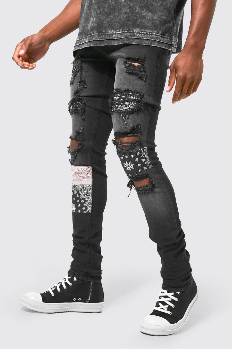 Washed black Skinny Stacked Paisley Patch Biker Jeans