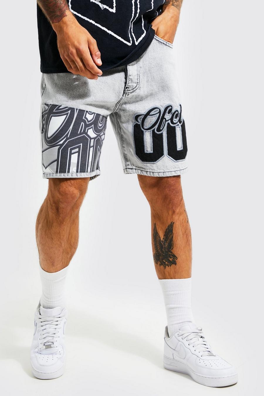 Ice grey Relaxed Fit Varsity Spliced Denim Shorts image number 1