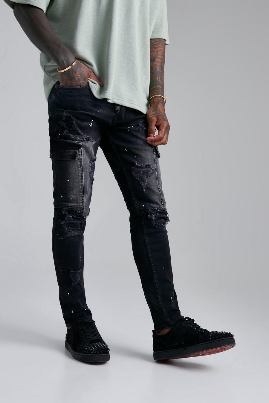 Washed black Slitna skinny jeans med cargofickor och lagningar