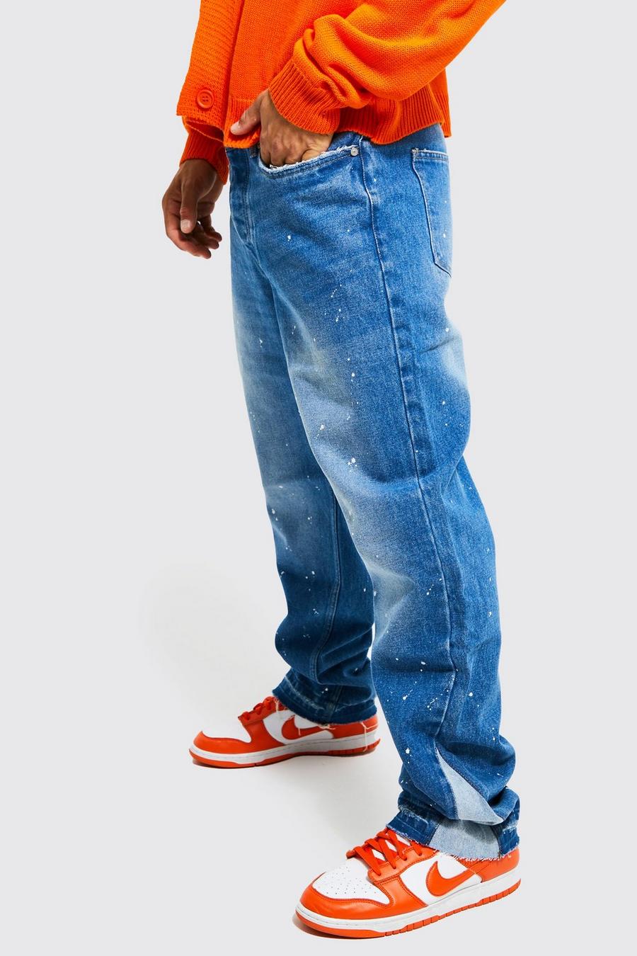 Jeans rilassati con inserti e schizzi di colore, Mid blue azzurro