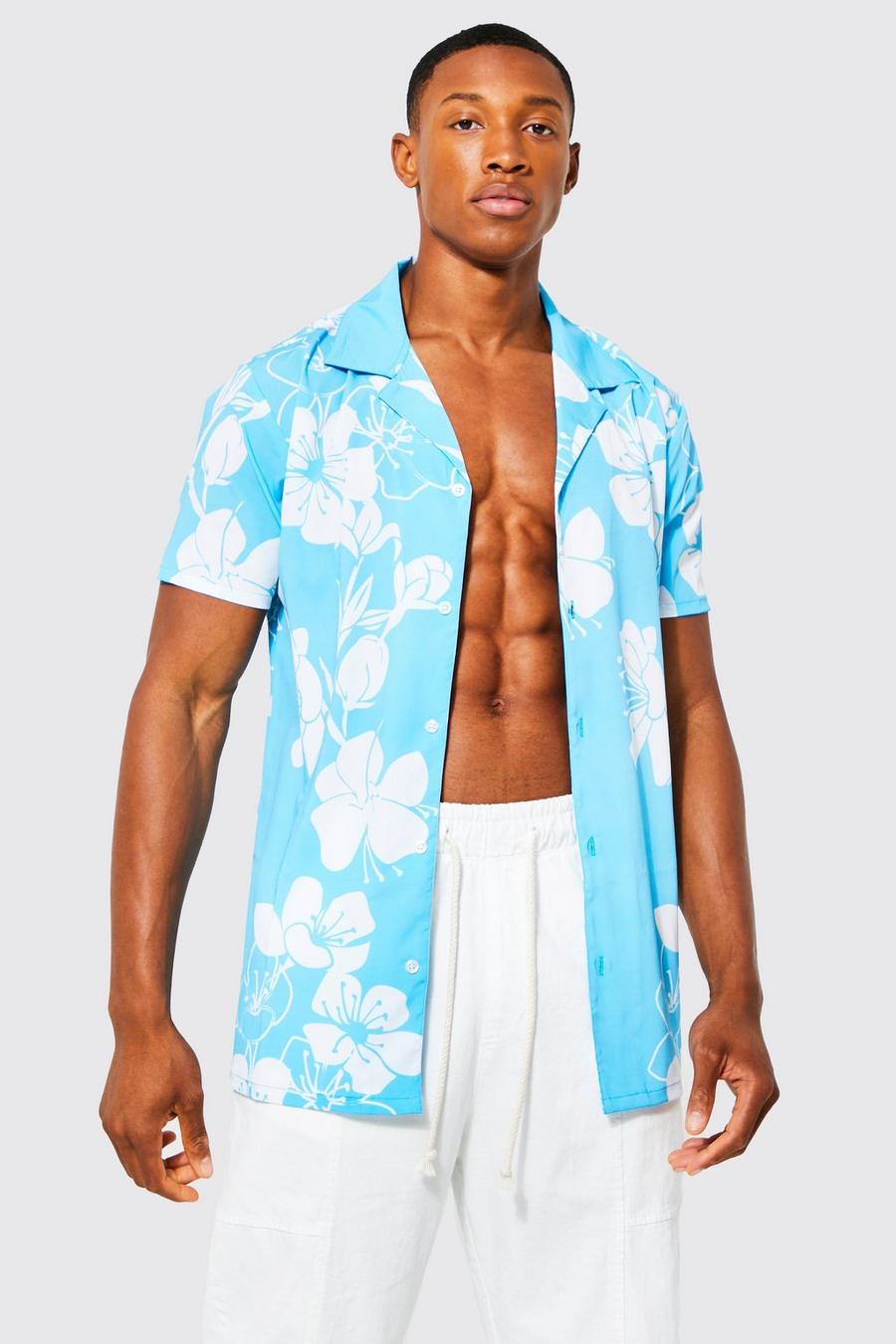 Camisa ajustada al músculo de flores con solapas, Light blue image number 1
