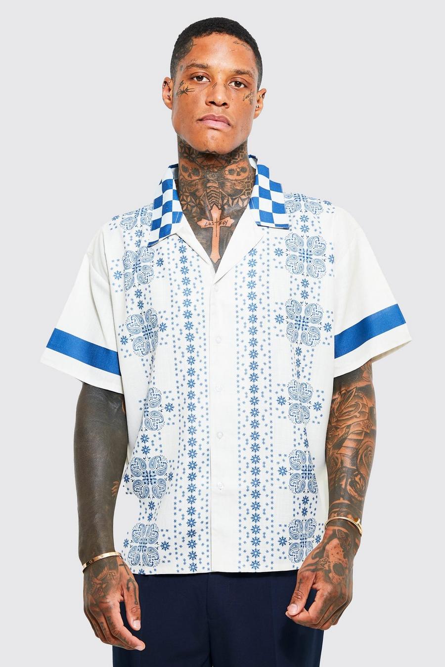 Camisa recta con solapas y estampado azteca, Ecru blanco image number 1