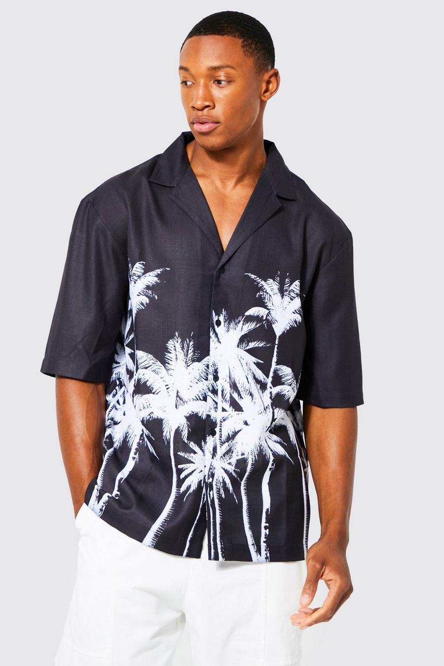 Camisa con solapas y estampado de palmeras, Black nero image number 1