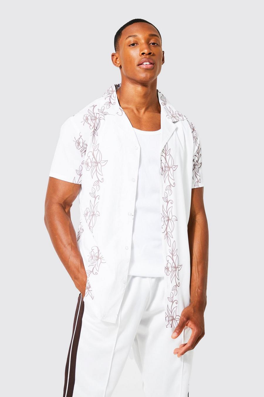 Camisa de manga corta ajustada al músculo con estampado de flores y solapas, White bianco