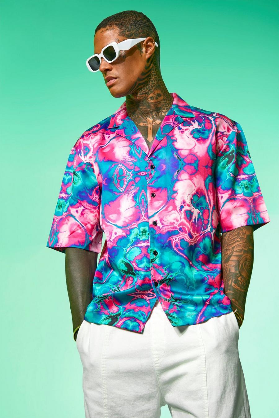 Pink Dropped Revere Satin Marble Shirt  image number 1