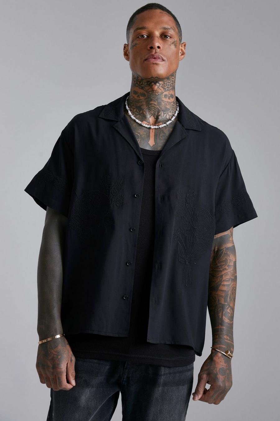 Black Boxy Floral Embroidered Viscose Revere Shirt