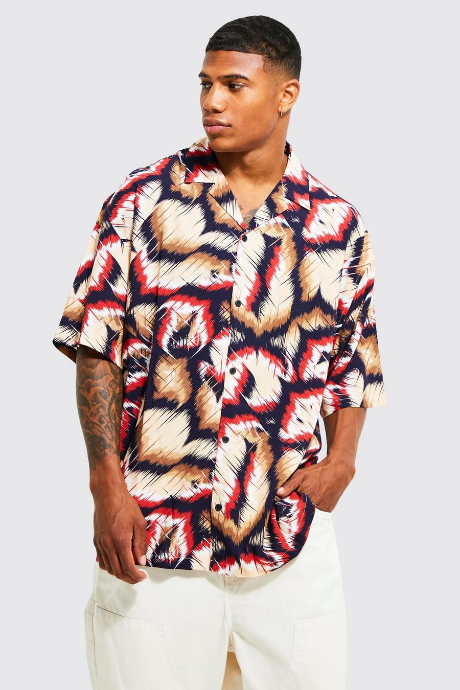 Ecru Oversized Abstract Viscose Boxy Overhemd Met Revers Kraag image number 1