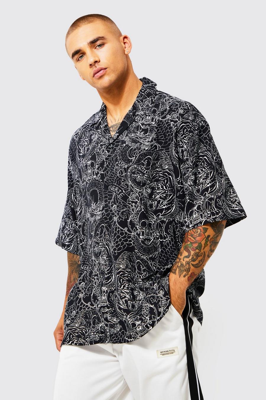 Black Oversize mönstrad skjorta i viskos med bowlingkrage