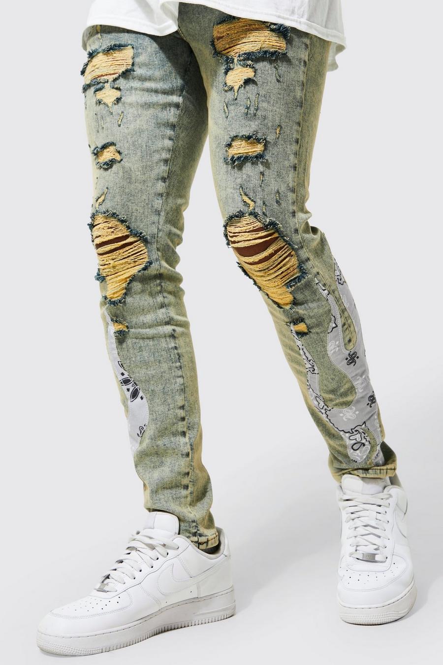 Antique blue Skinny Stretch Bandana Flame Ripped Jeans