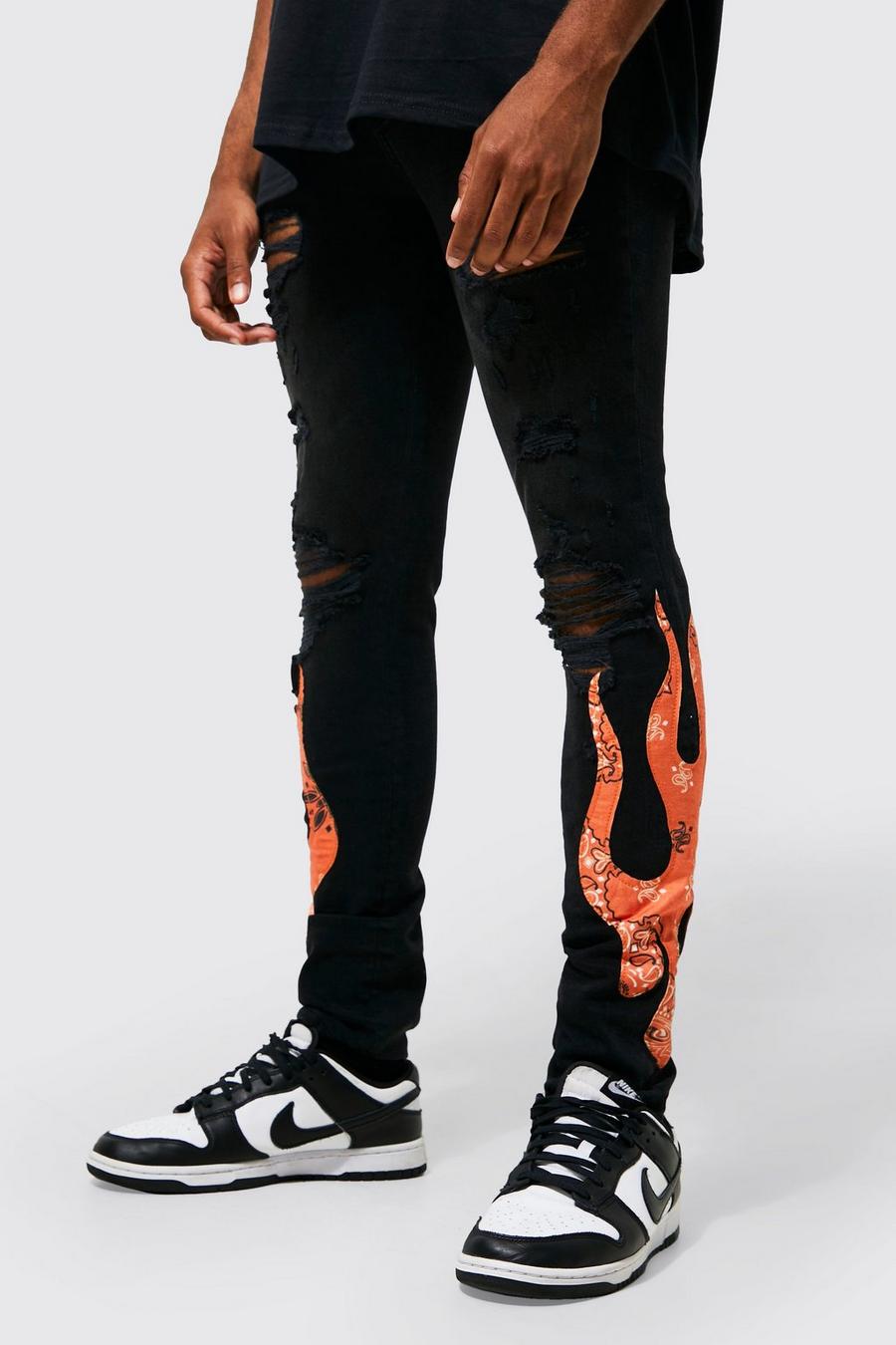 Washed black Skinny Stretch Bandana Flame Ripped Jeans image number 1