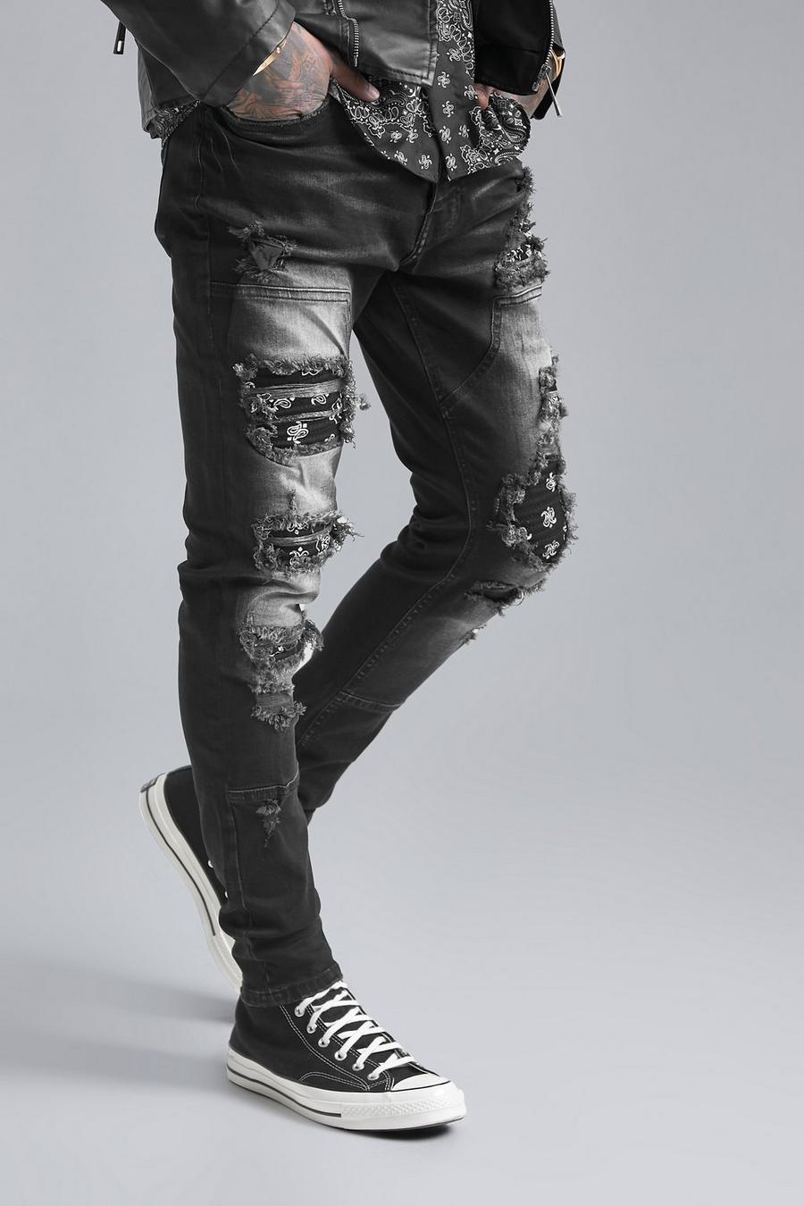 Washed black Stretch Rip & Repair Bandana Print Skinny Jeans image number 1