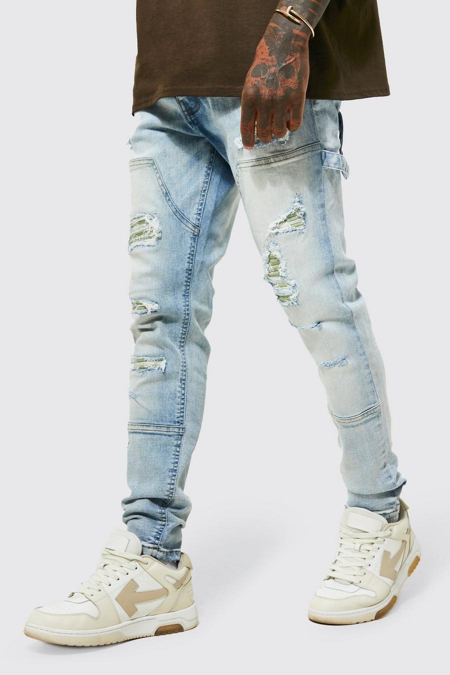 Ice blue Slitna skinny jeans med lagningar och stretch