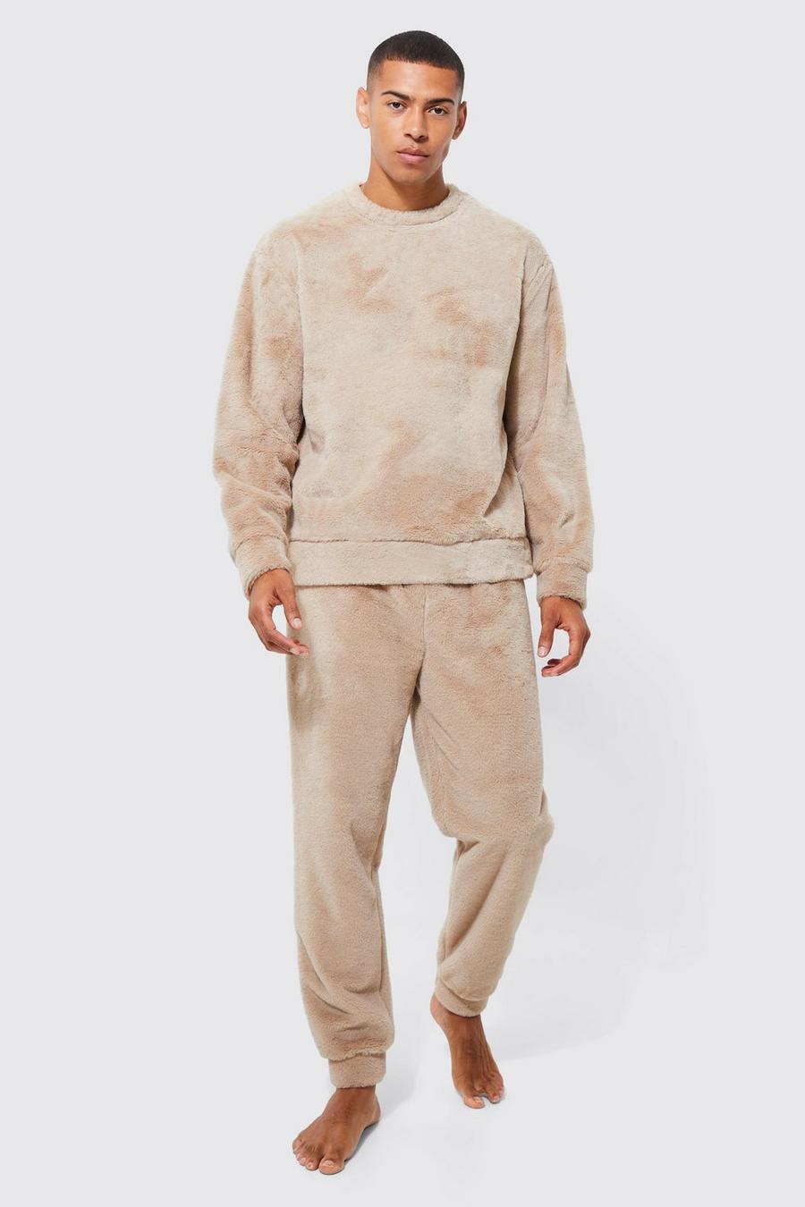Nude color carne Faux Fur Oversized Sweater and Cuffed Jogger Lounge Set