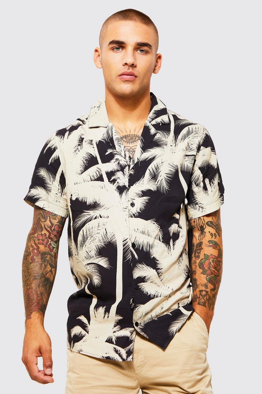 Stone Viscose Palm Print Overhemd Met Revers Kraag En Korte Mouwen image number 1
